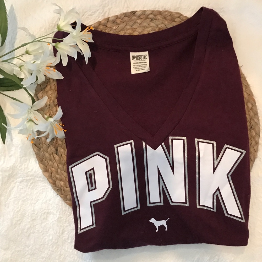 EUC PINK Victoria’s Secret Maroon Logo VNeck Shirt